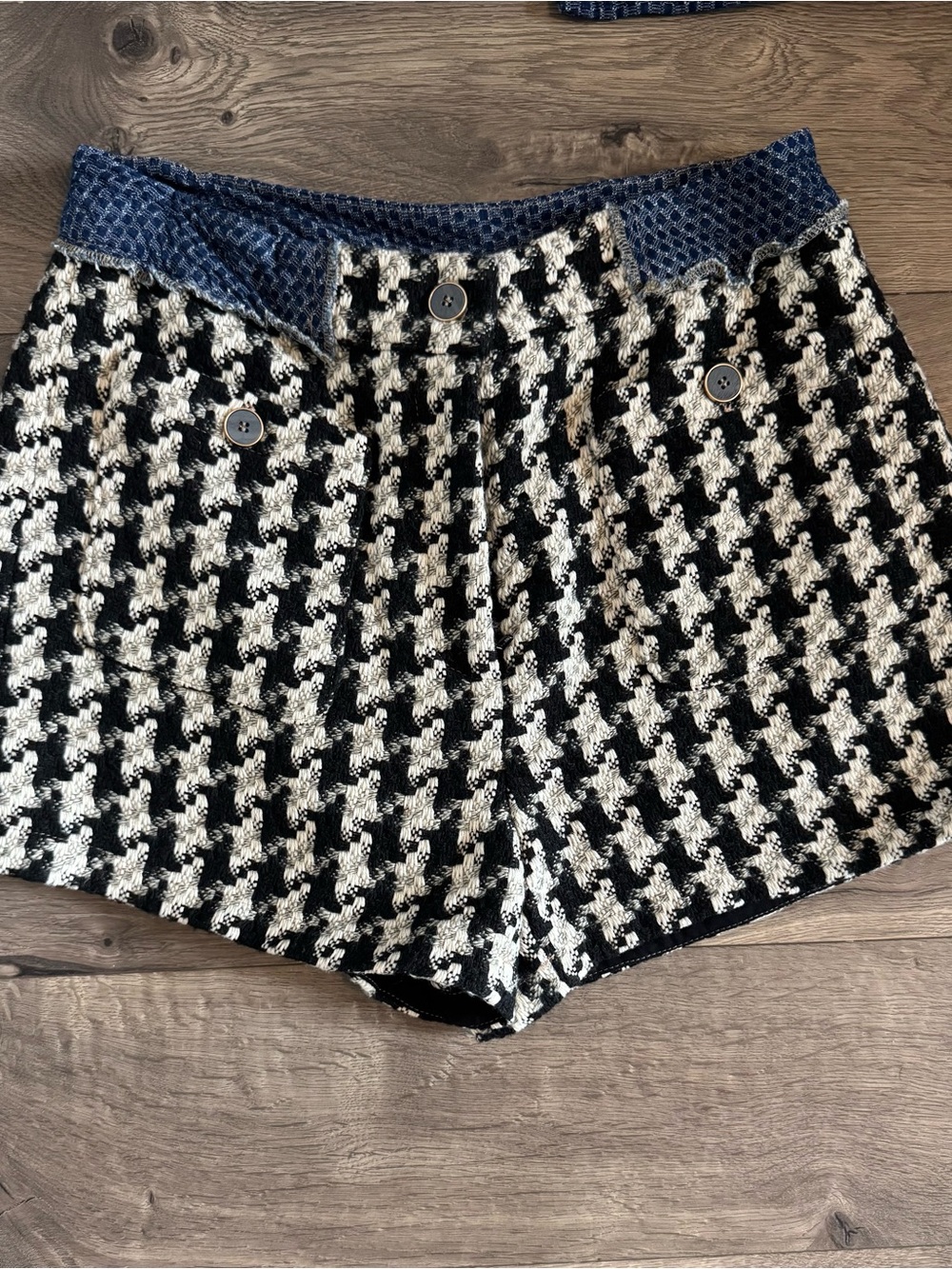 Mystree Black & White Houndstooth High-Waist Shorts with Navy Trim